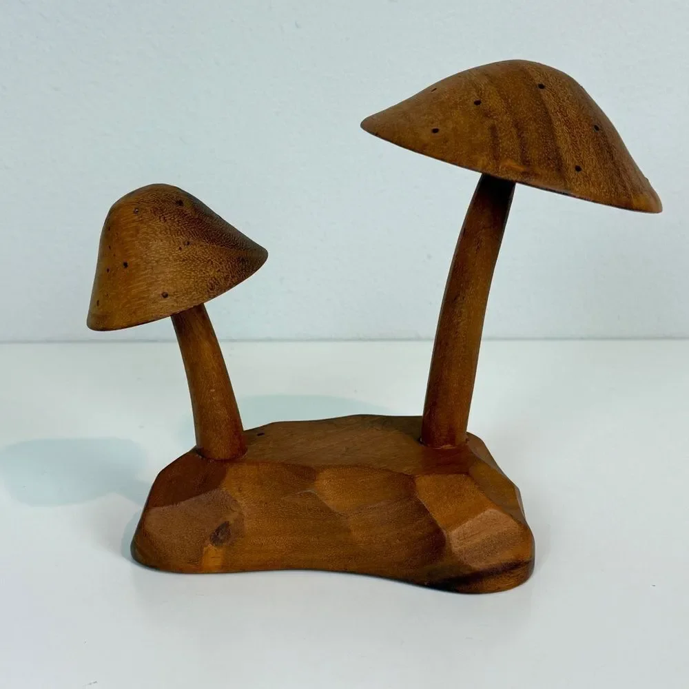 Vintage Monkeypod Wooden Mushroom Toothpick Snack Server